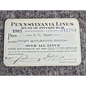 Railroad Pass 1913 PA Lines W. Of Pittsburgh Freight Agent Marietta OH Thick
